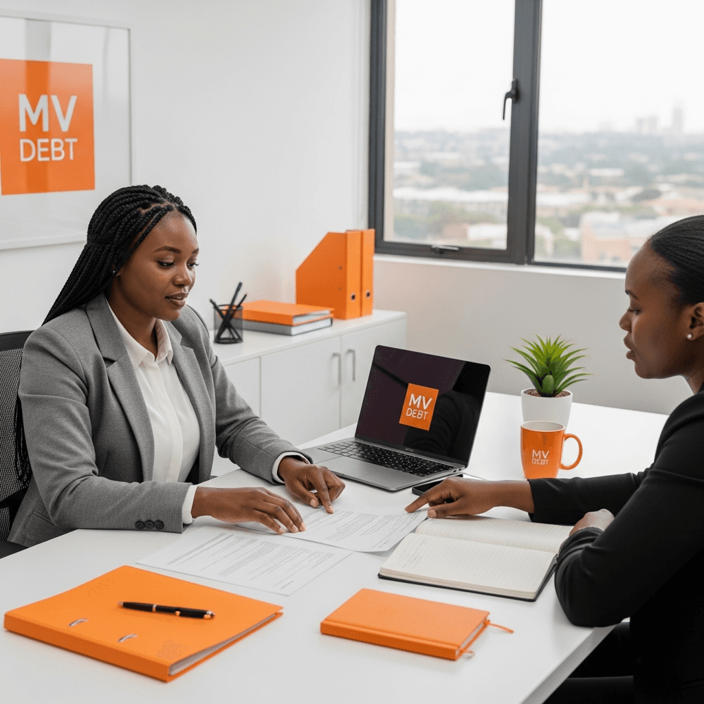 Professional debt counsellor reviewing documents with client, showing consultation process